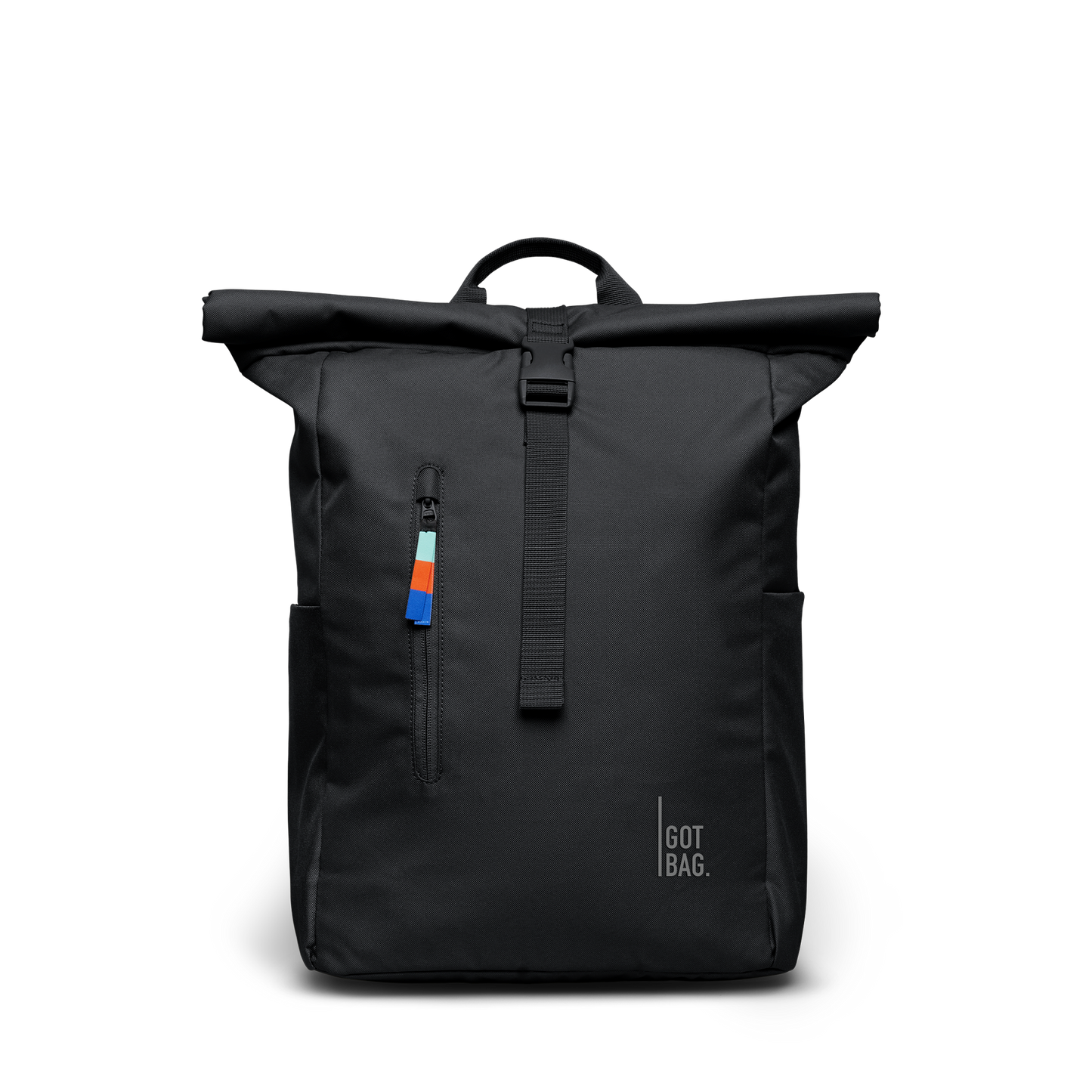 Black roll-top backpack with colorful zipper pull on a white background