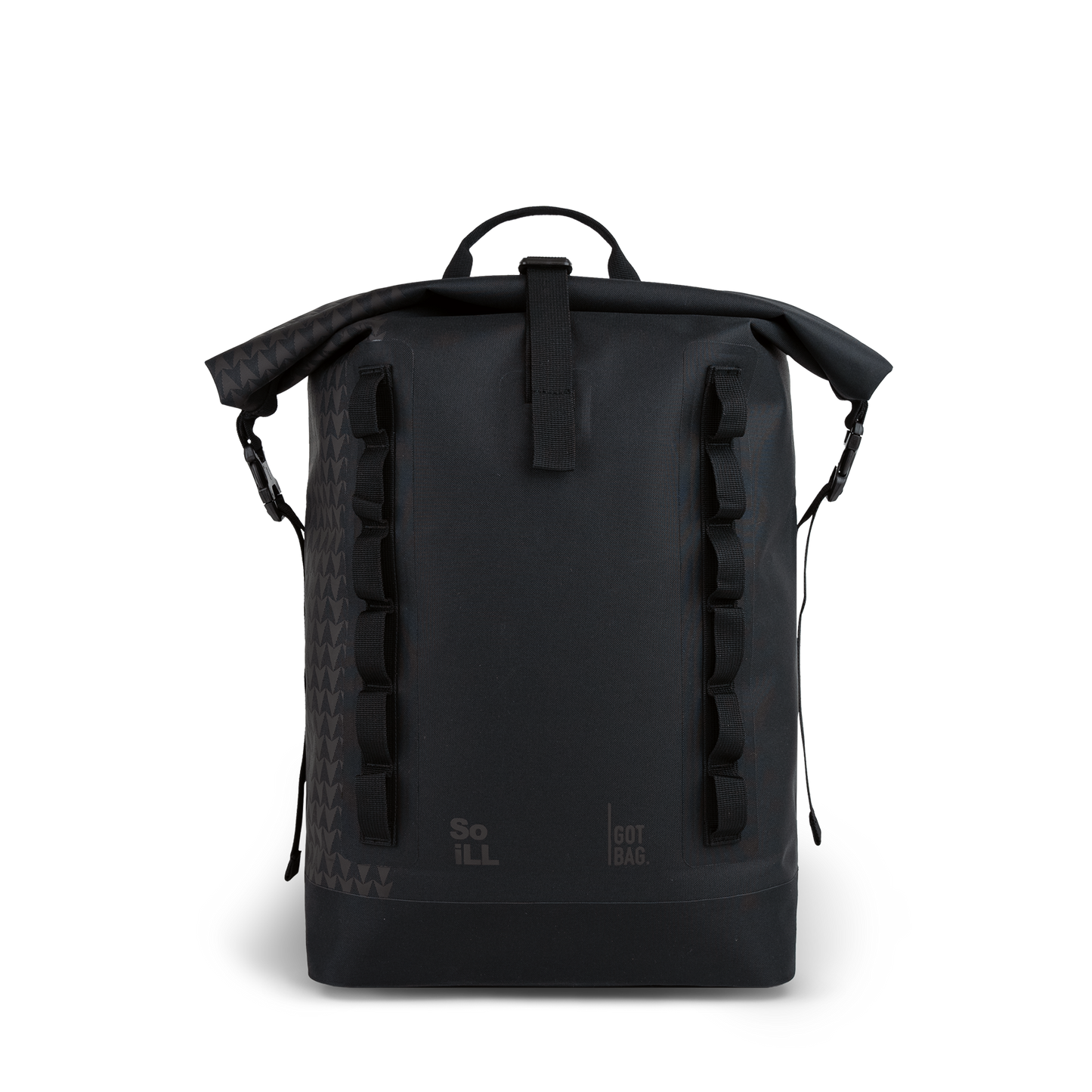 Black backpack with visible branding on a white background