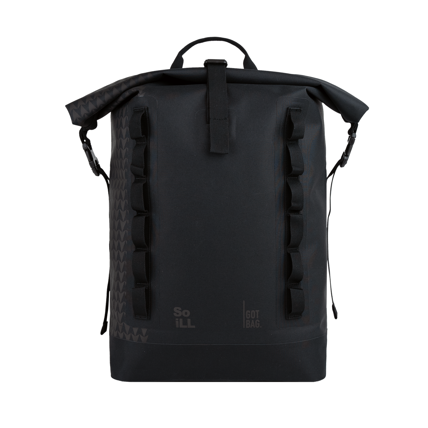 Black roll-top backpack on a white background